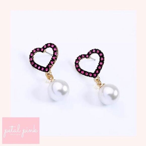 High-End Crystal Heart and Glass Pearl Drop Earrings - Picture 2 of 5
